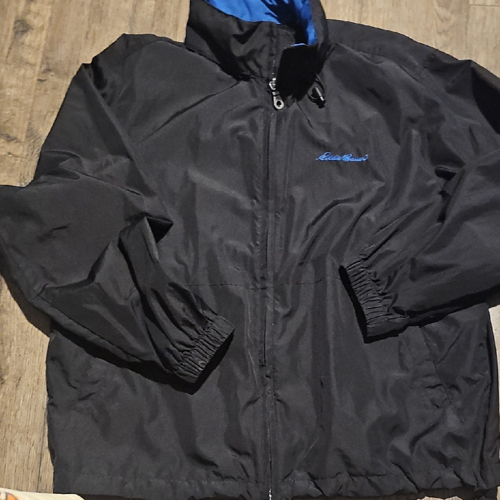 Eddie Bauer Men's Black Blue Windbreaker Hood Large Lightweight Jacket